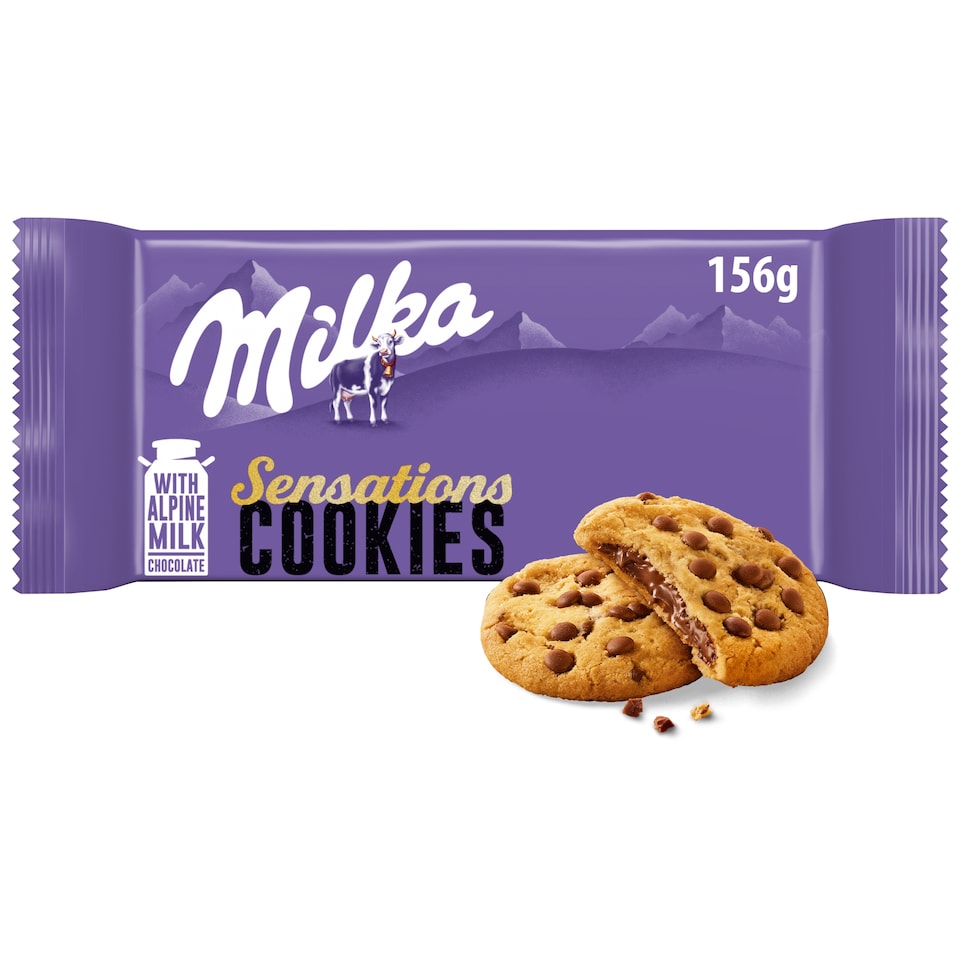 Milka Cookies Sensations keksz alpesi tejcsokoládé darabokkal és tejcsokoládés töltelékkel 156 g