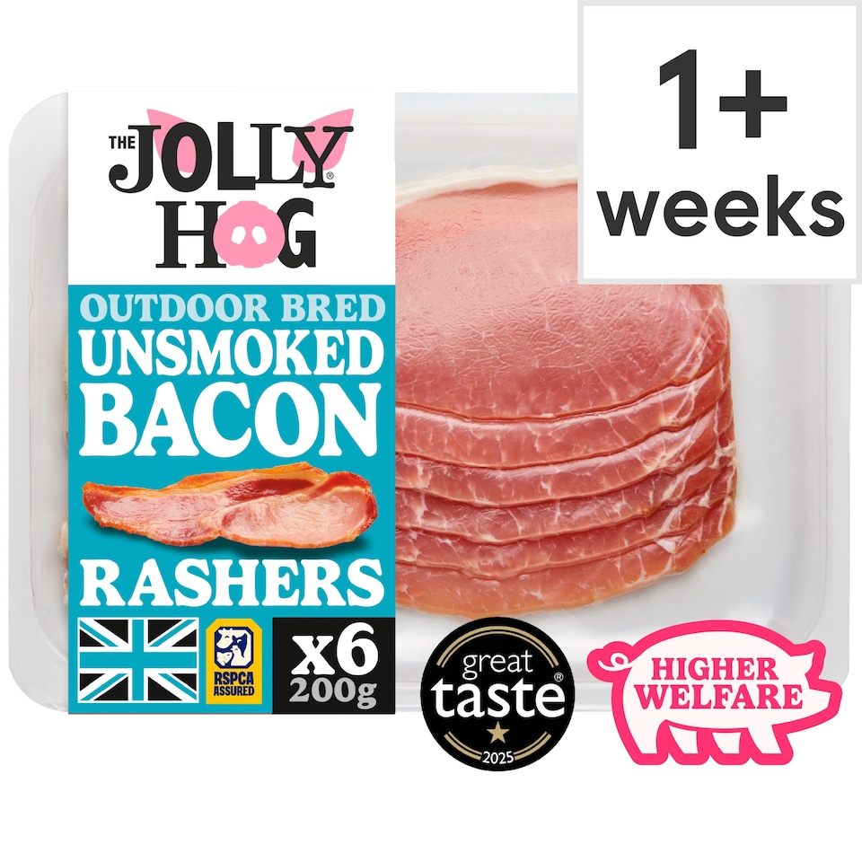 The Jolly Hog 6 Unsmoked Back Bacon Rashers 200g | British & Outdoor Bred