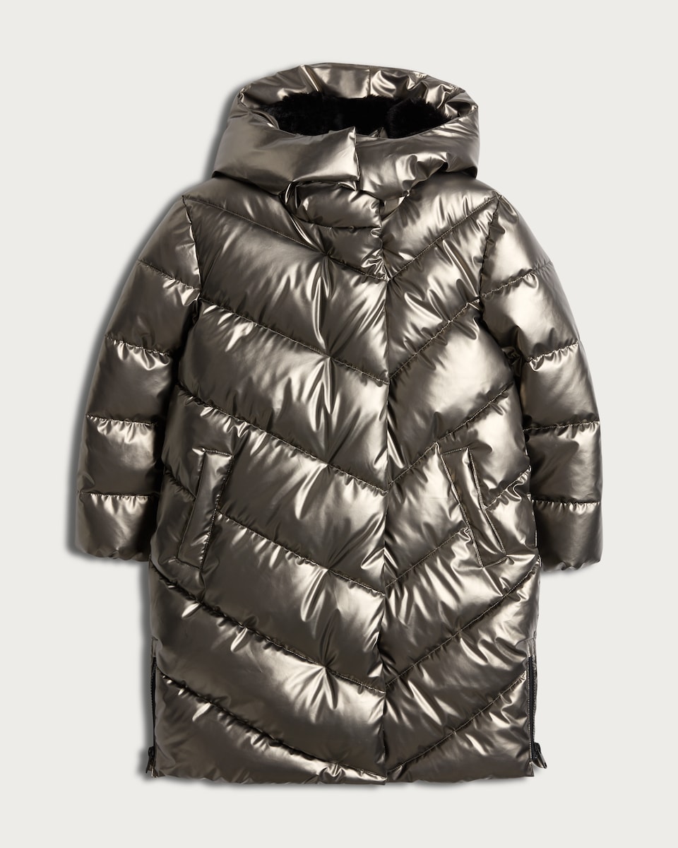 image 1 of F&F Girls Metallic Chevron Quilted Hooded Water Resistant Coat in Grey