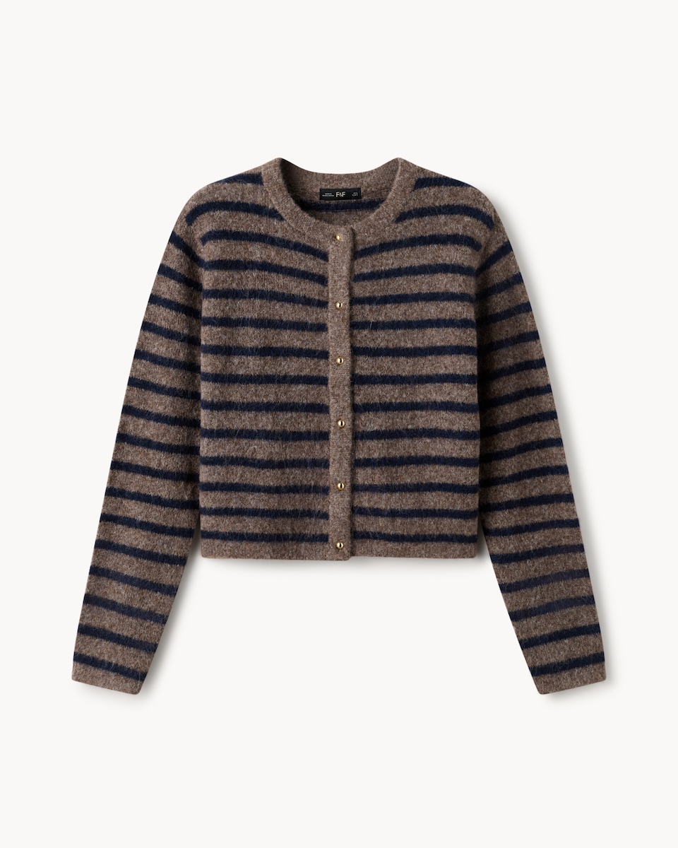 image 1 of F&F Striped Button Up Cardigan in Navy