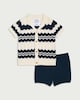 image 1 of F&F Baby 2-Piece Pure Cotton Knitted Zigzag Shirt and Shorts Set in Blue