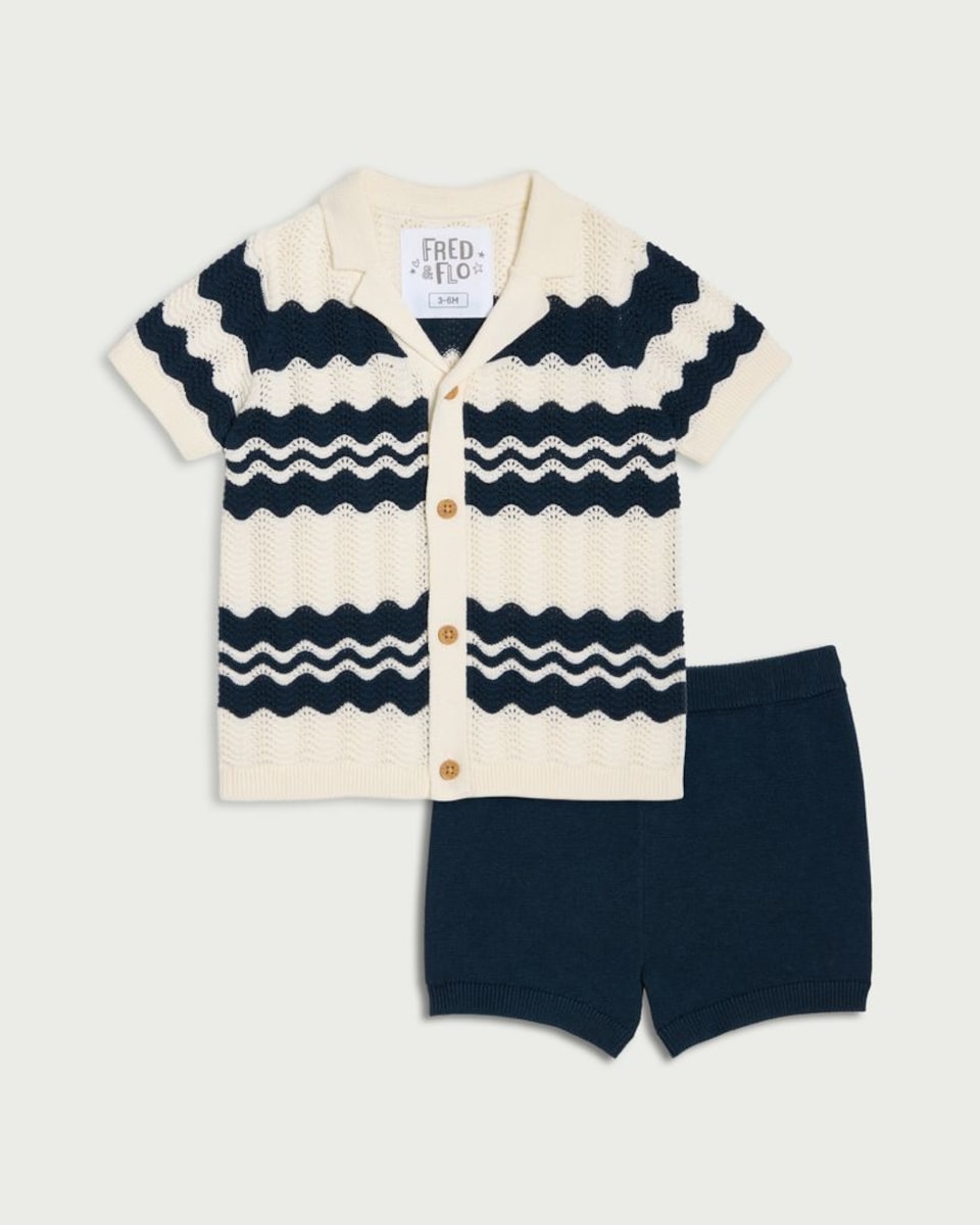 image 1 of F&F Baby 2-Piece Pure Cotton Knitted Zigzag Shirt and Shorts Set in Blue