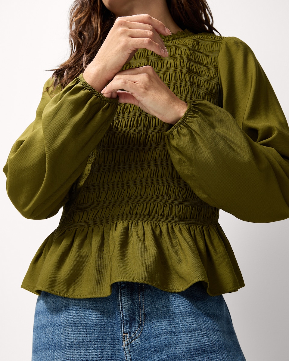 image 1 of F&F Shirred Peplum Top in Olive