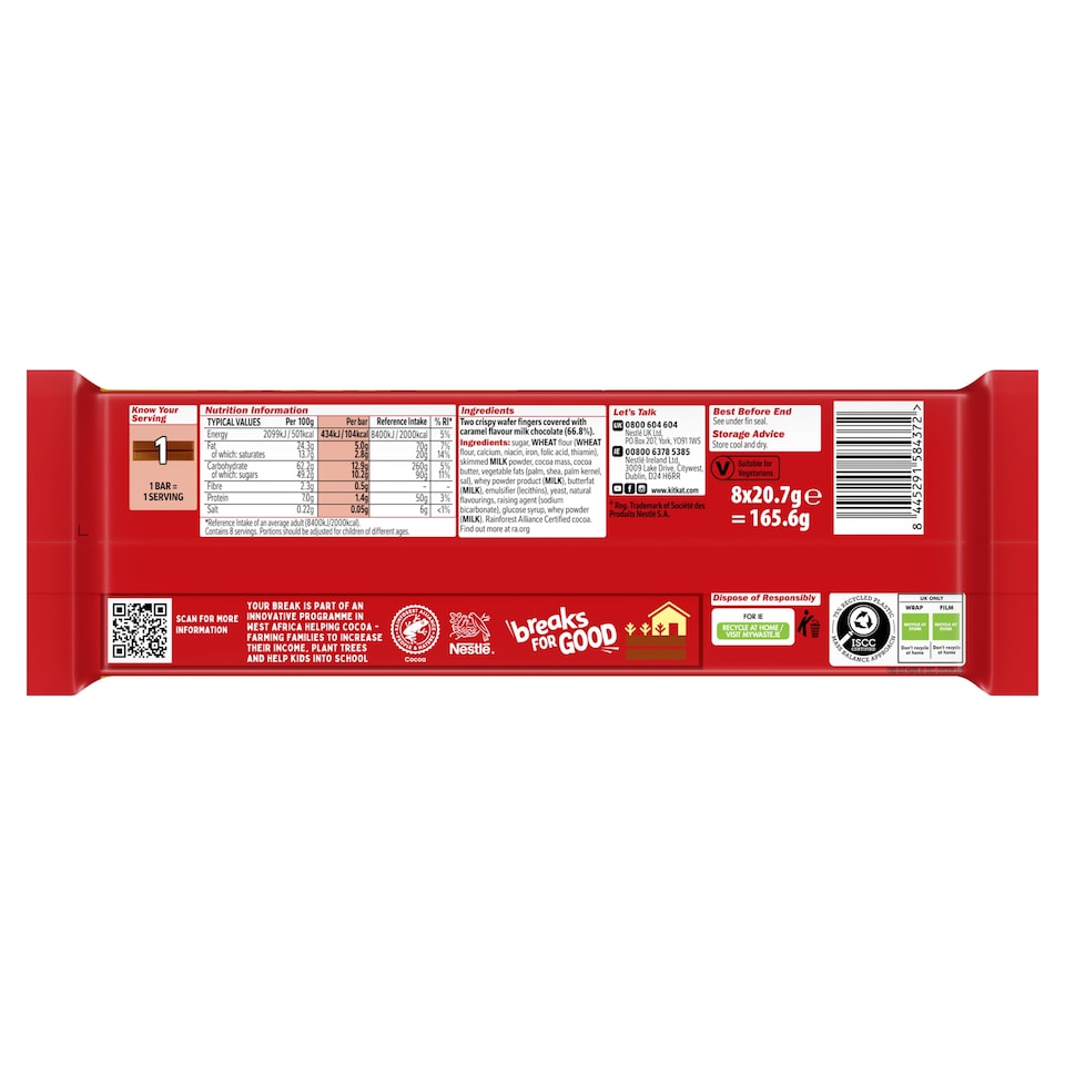 image 1 of KitKat 2 Finger Caramel Milk Chocolate Biscuit Bars 8 Pack Multipack 165.6g