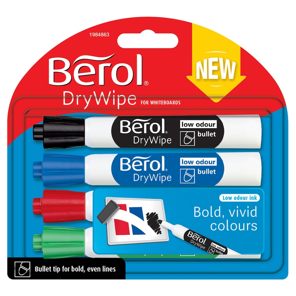 image 1 of Berol Dry Wipe Whiteboard Markers, Bullet Tip, 4 Count