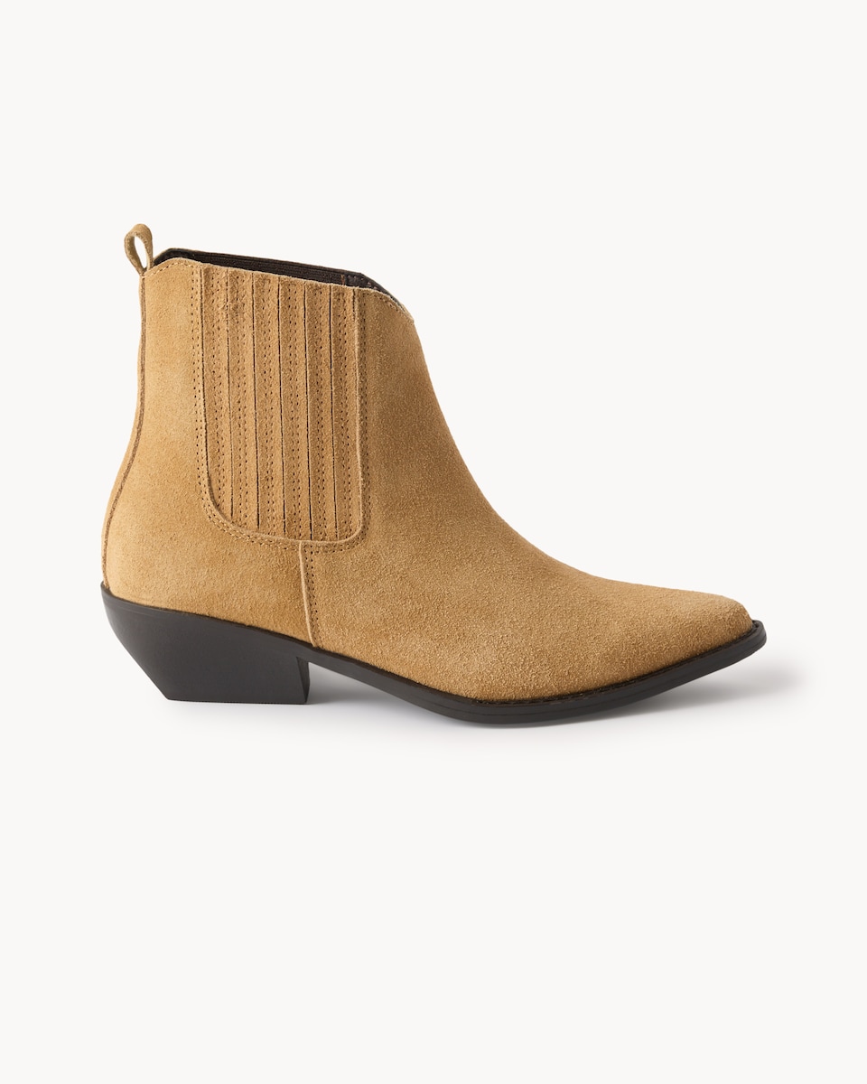 image 1 of F&F Suede Western Block Heel Ankle Boots in Tan