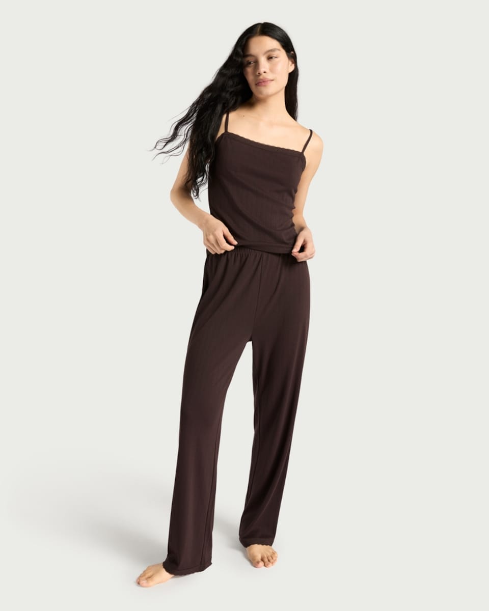 image 1 of F&F 2-Piece Textured Lace Trim Pyjama Set in Chocolate