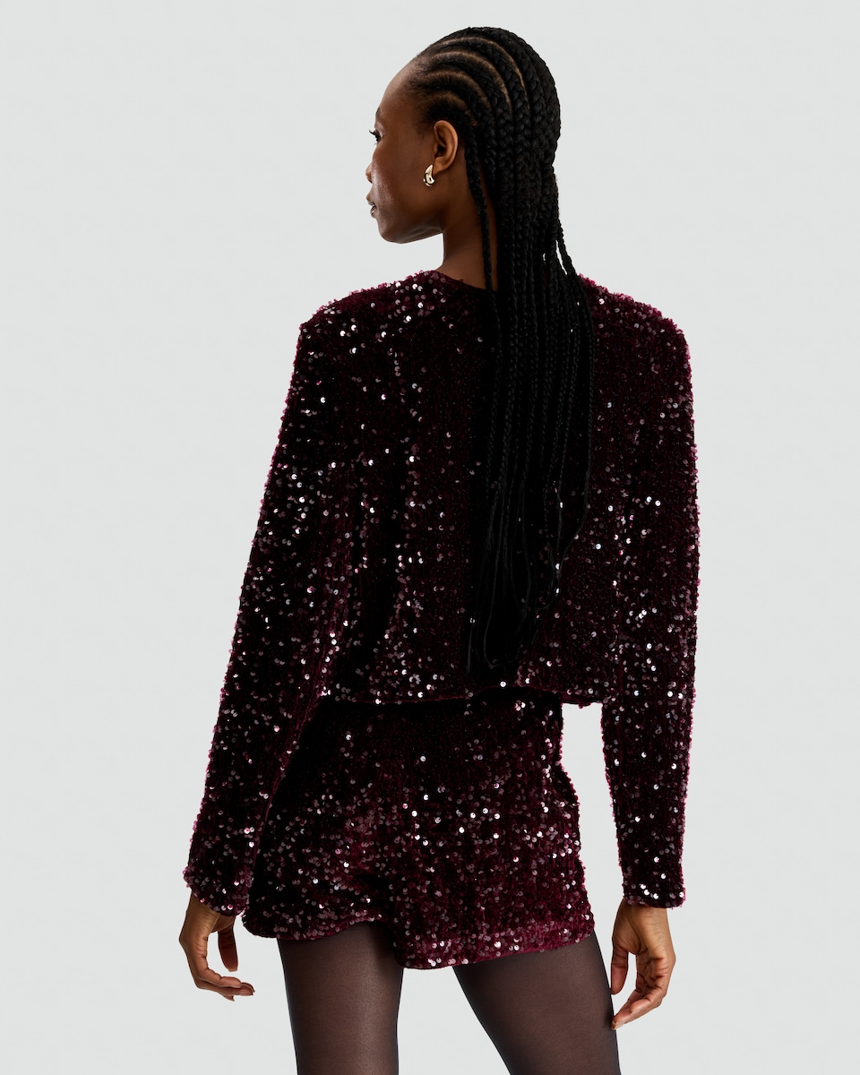 image 1 of F&F Sequin Embellished Bow Detail Jacket in Burgundy