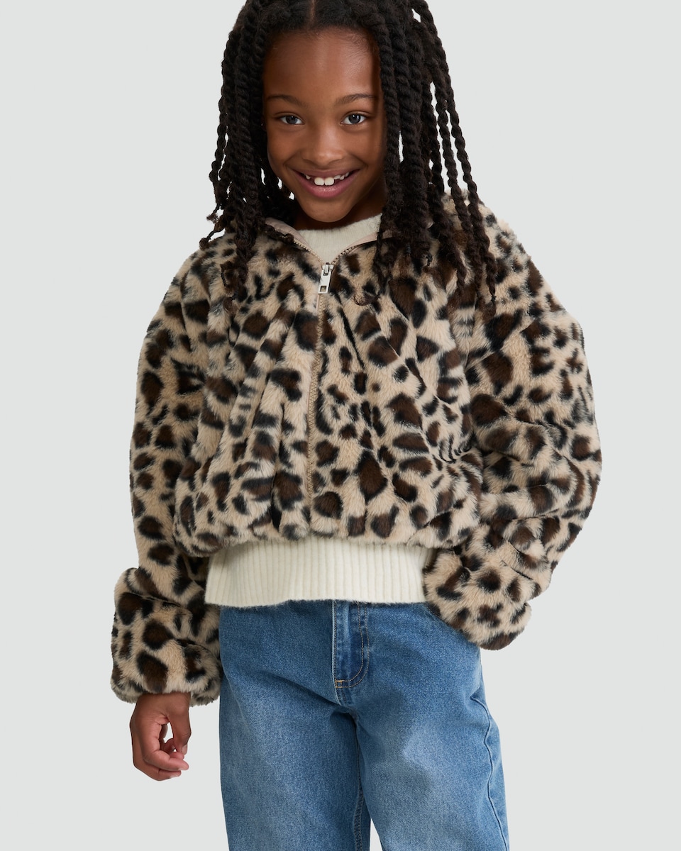 image 1 of F&F Girls Fleece Leopard Print Hooded Jacket in Multi Brown