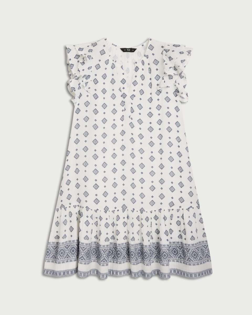 image 1 of F&F Pure Cotton Double Cloth Ruffle Sleeved Tiered Dress in Multi White