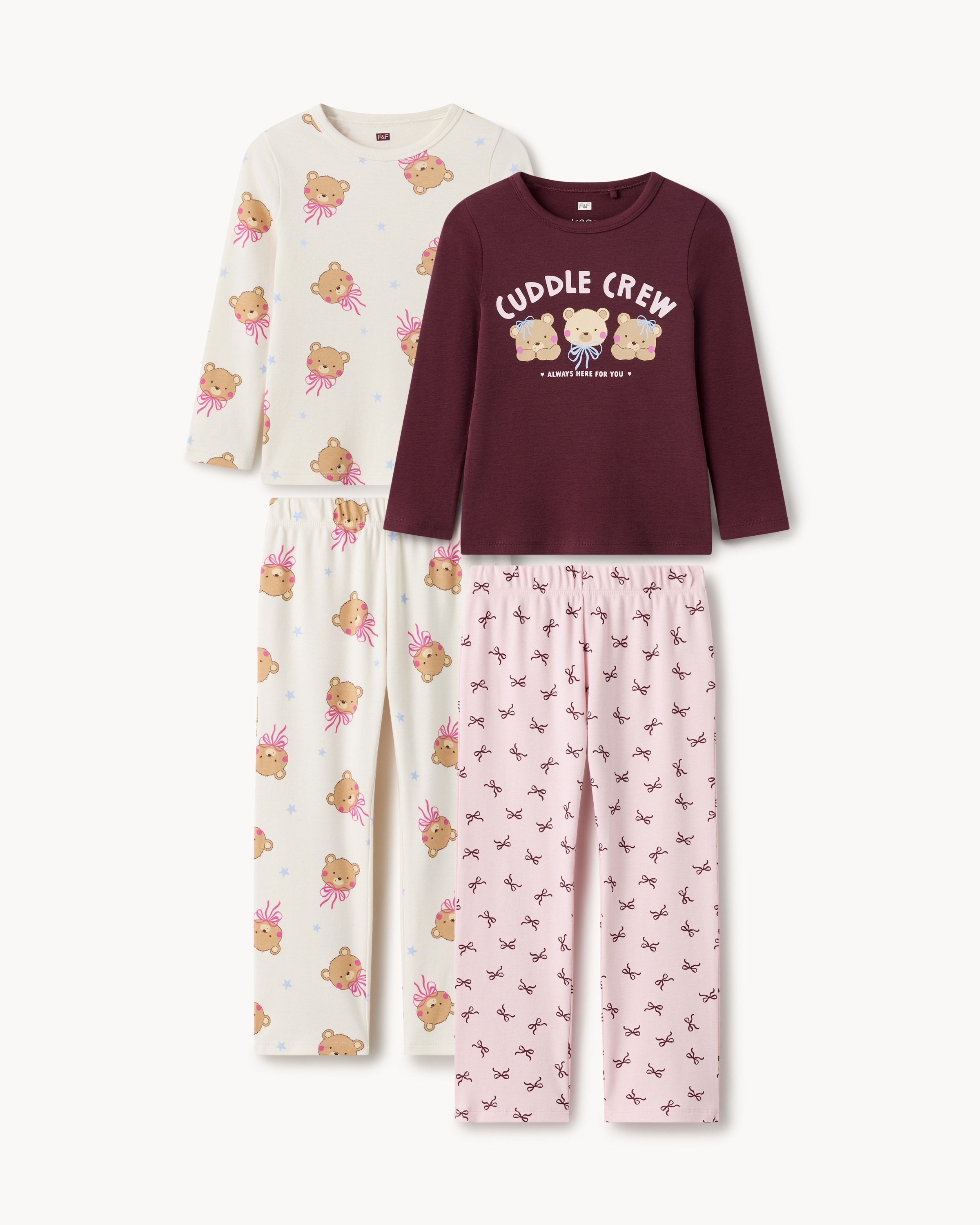 F&F Girls 2-Pack Pure Cotton Bear Printed Pyjama Sets in Multi
