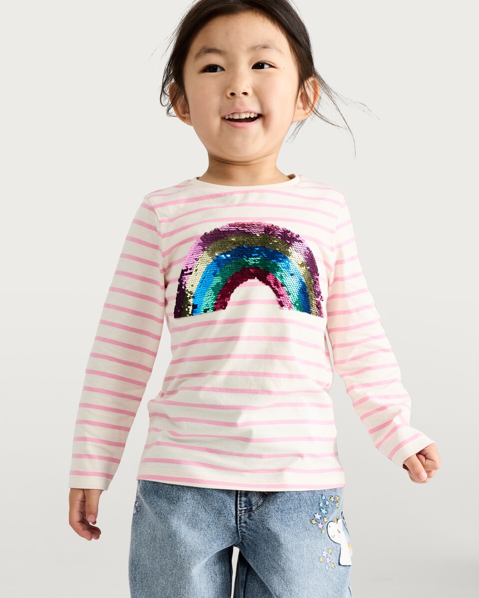 image 1 of F&F Girls 3-Pack Pure Cotton Rainbow Sequin Long Sleeved Tops in Multi
