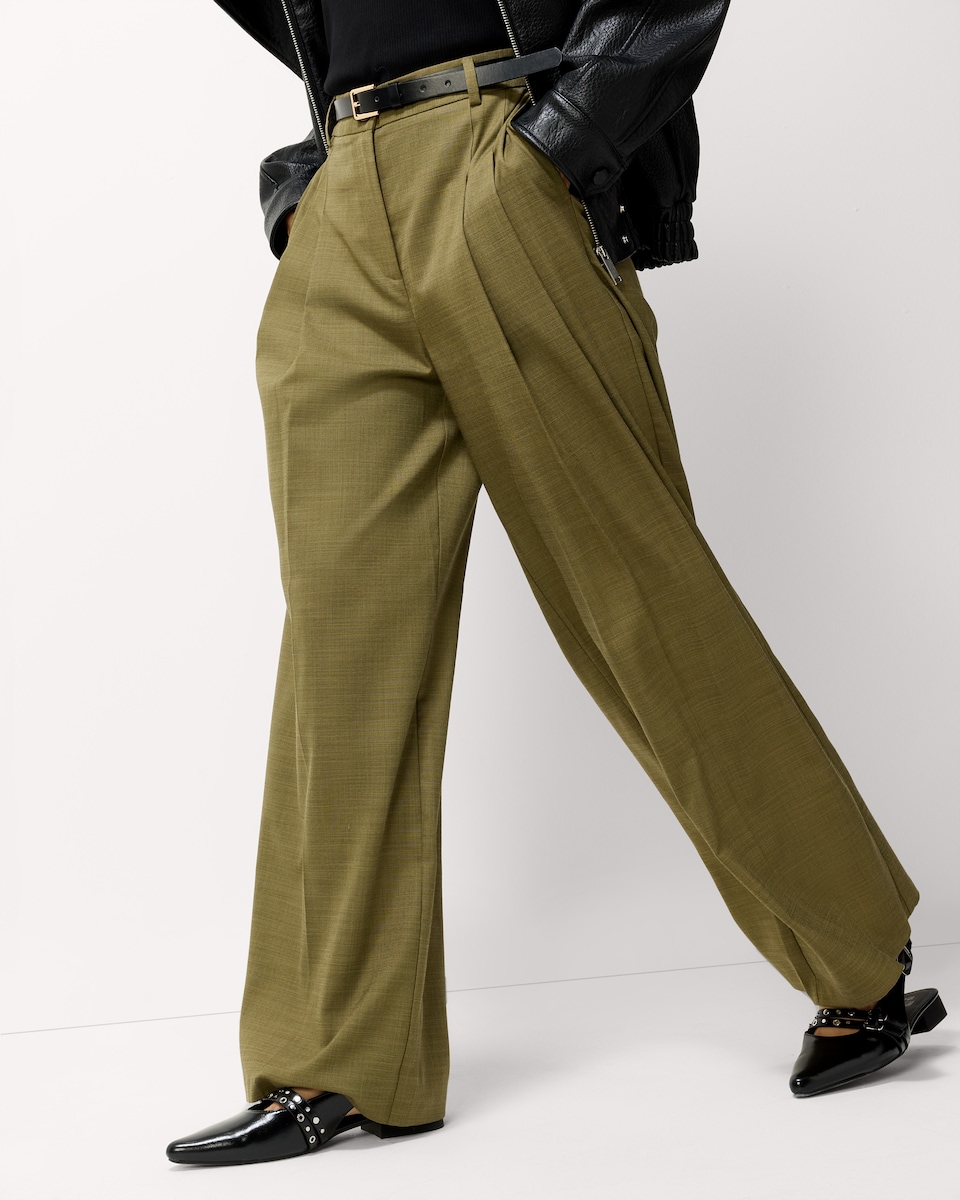 image 1 of F&F Pleated Wide Leg Belted Trousers in Khaki