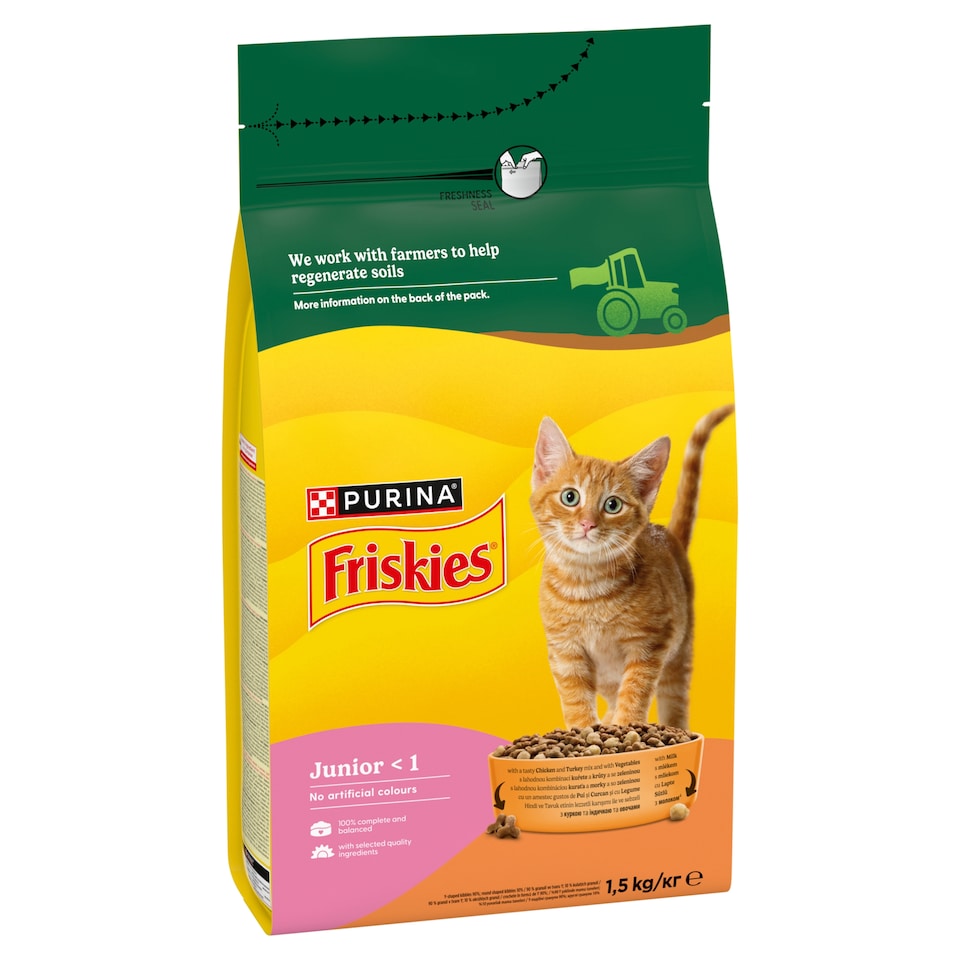 Friskies Junior granule pro koťata kuře a krůta, s mlékem, zelenina 1,5kg