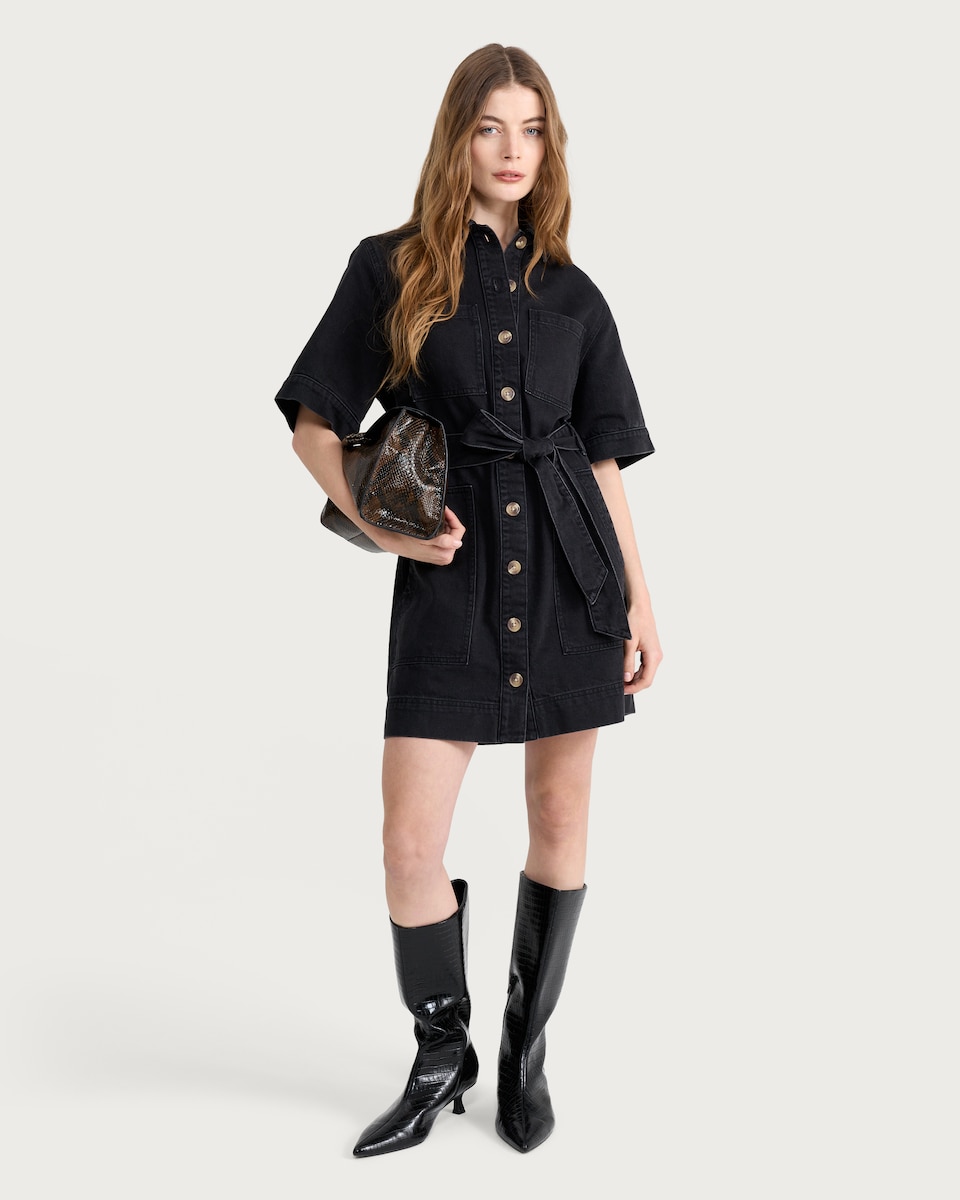 image 1 of F&F Pure Cotton Button Front Short Sleeved Denim Shirt Dress in Black