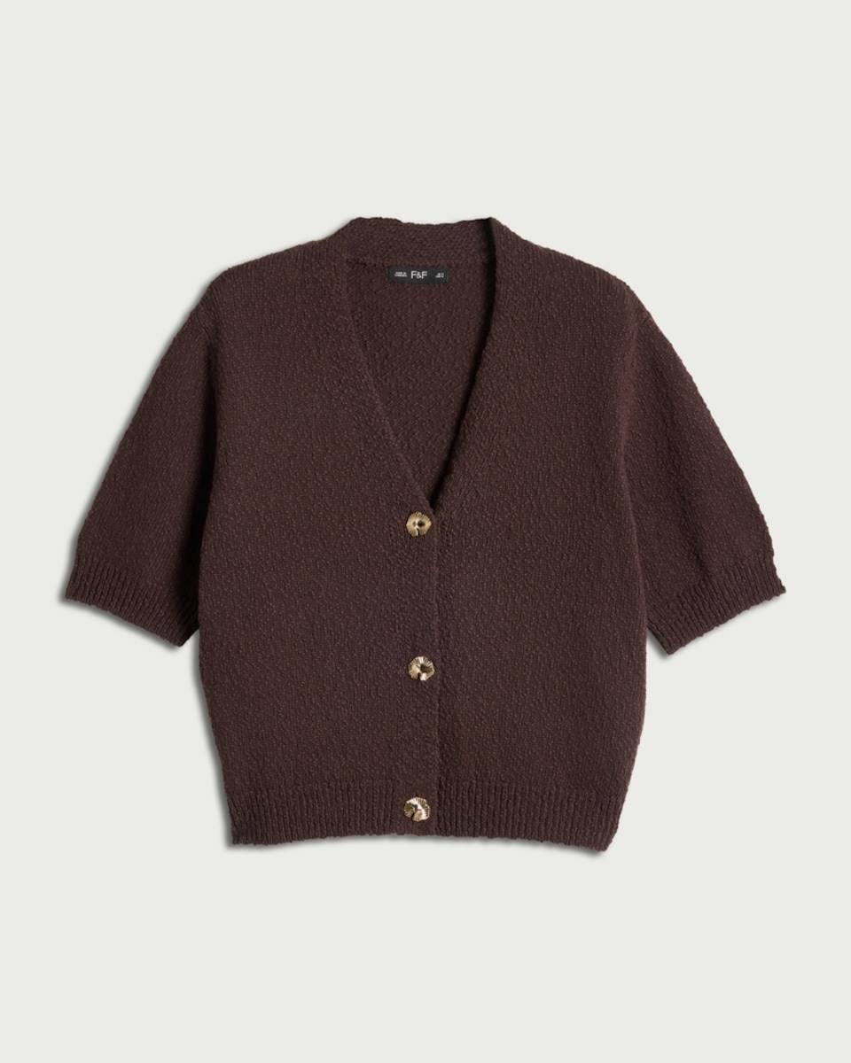 image 1 of F&F Cotton Rich Textured Knit Cardigan in Chocolate