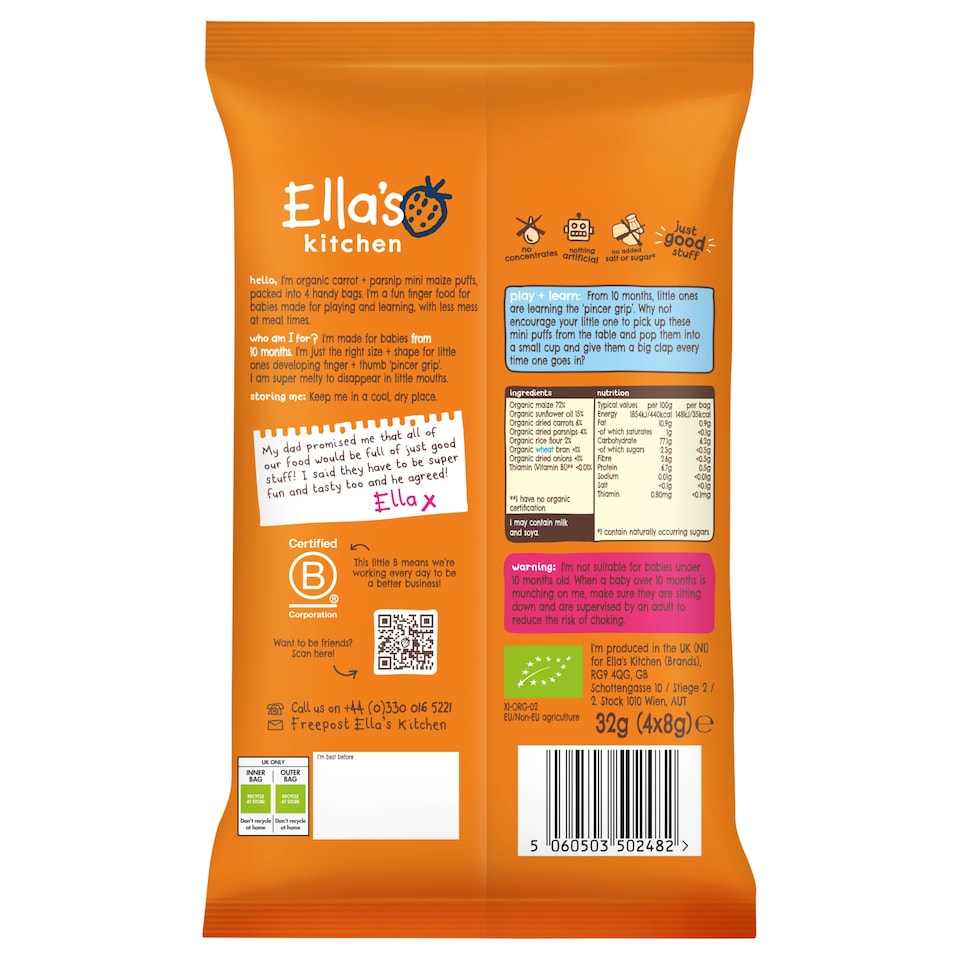 image 1 of Ella's Kitchen Organic Carrot & Parsnip Mini Puffs 4X8g