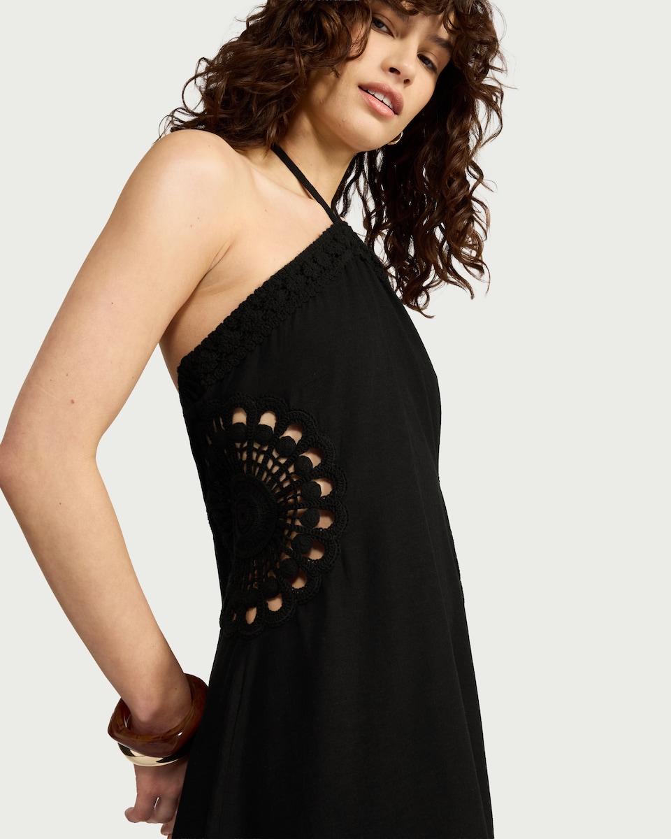 image 1 of F&F Crochet Detail Beach Dress with Linen in Black