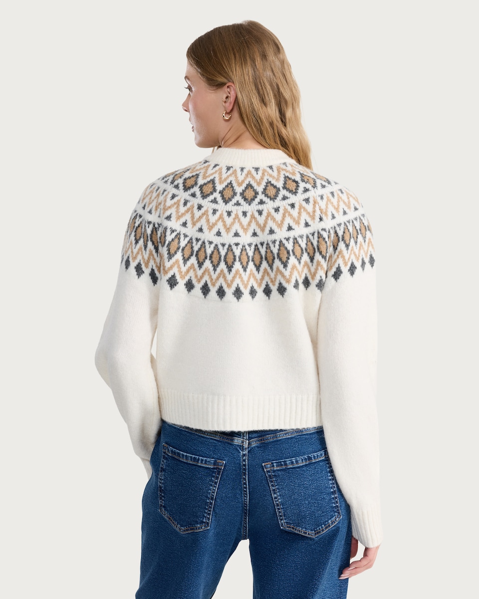 image 1 of F&F Knitted Fair Isle Pattern Cardigan with Wool in Neutral