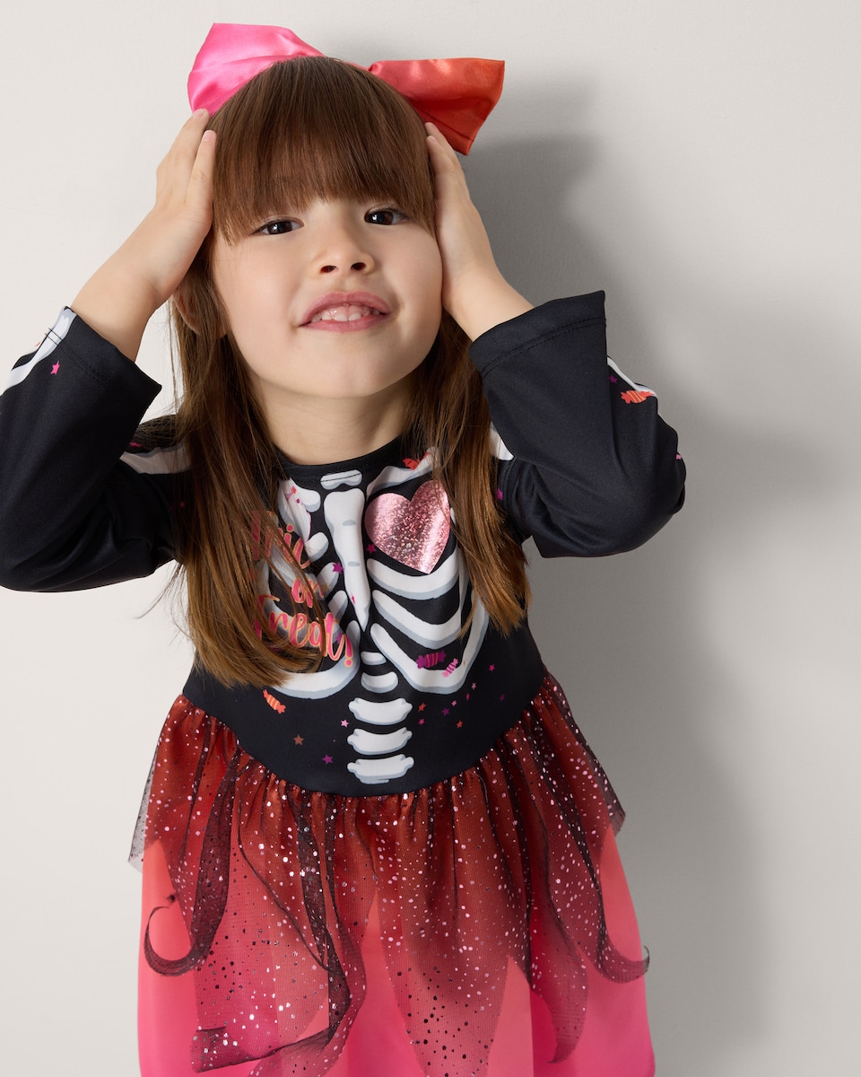 image 1 of F&F Girls 2-Piece Trick or Treat Skeleton Fancy Dress Costume in Black