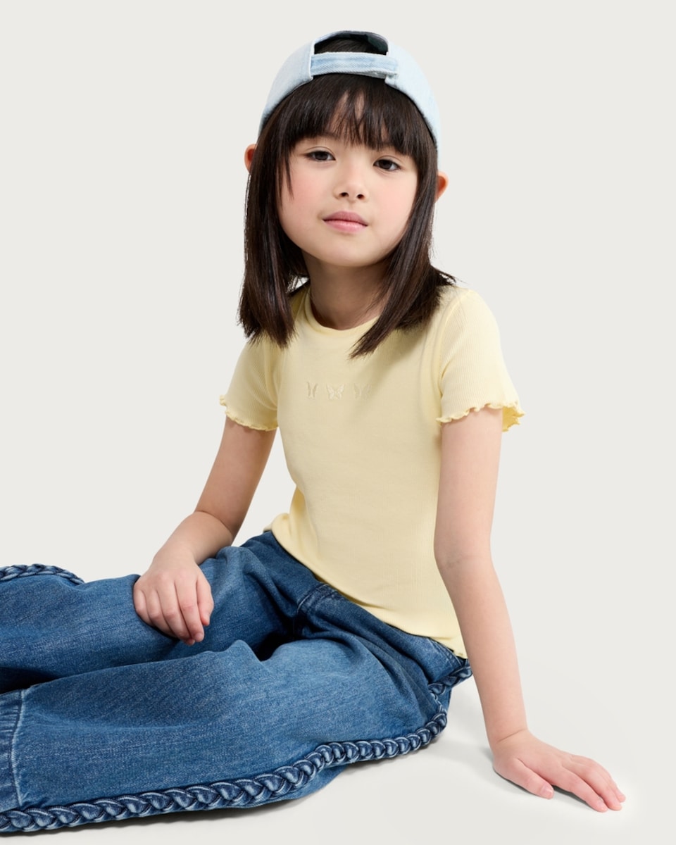 image 1 of F&F Girls 3-Pack Cotton Rich Ribbed Printed T-Shirts in Multi Yellow