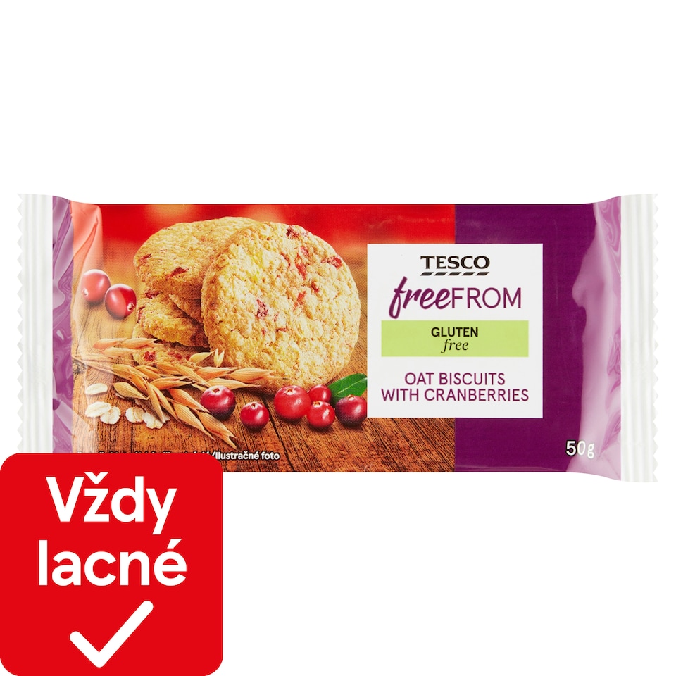 Tesco Free From Bezgluténové ovsené sušienky s kandizovanými brusnicami 50 g