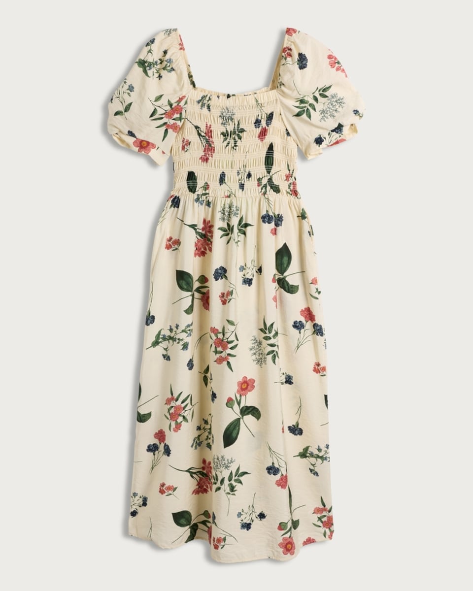 image 1 of F&F Floral Print Puff Sleeved Midi Dress in Cream