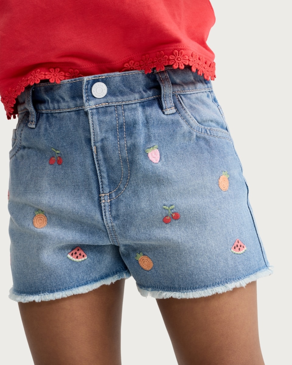 image 1 of F&F Girls Pure Cotton Embroidered Shorts in Blue