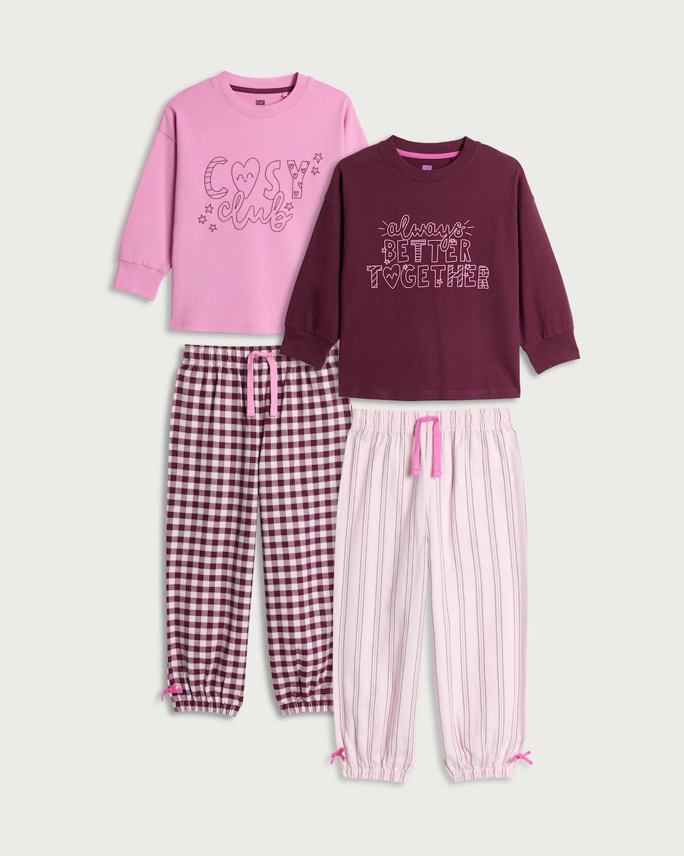 F&F 2-Pack Pure Cotton Slogan Woven Bottoms Pyjama Sets in Pink