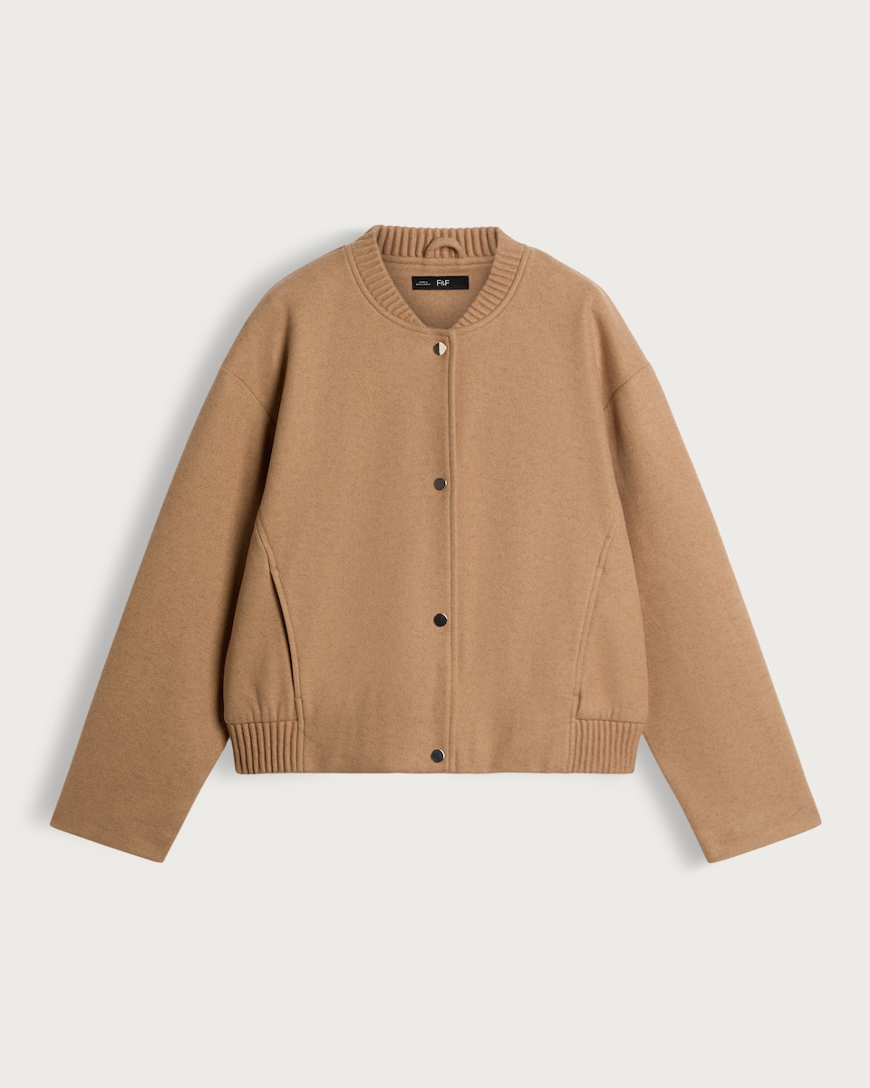 image 1 of The F&F Edit Ribbed Collar Buttoned Jacket in Med Nude