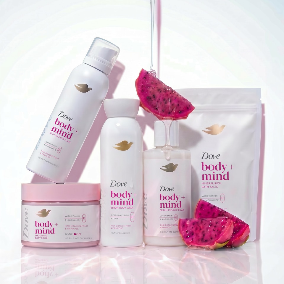 image 1 of Dove Body + Mind Pink Dragonfruit & Primrose Serum Infused Bath Soak 400ml