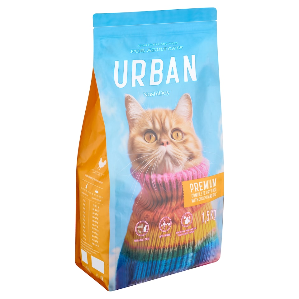 NashiDay Urban teljes értékű száraz állateledel felnőtt macskáknak csirkével és rizzsel 1,5 kg  1. kép