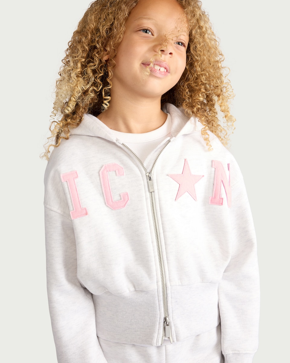 image 1 of F&F Girls Cotton Rich Slogan Zip Up Hoodie in Grey