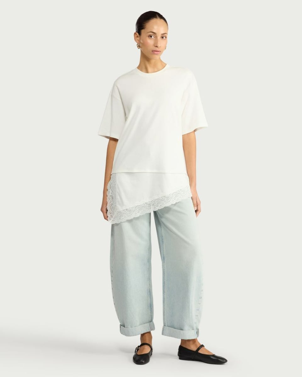 image 1 of F&F Pure Cotton T-Shirt with Lace Hem in White