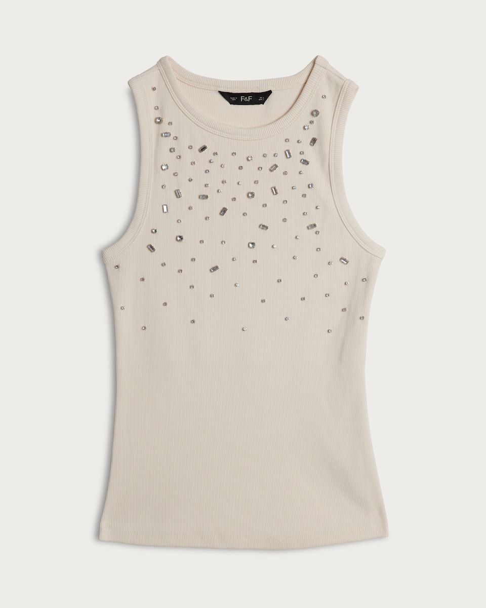 image 1 of F&F Cotton Blend Diamanté Embellished Vest in Cream