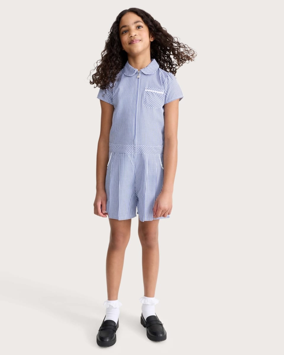 image 1 of F&F School Girls 2-Pack Gingham Short Sleeved Playsuits in Navy