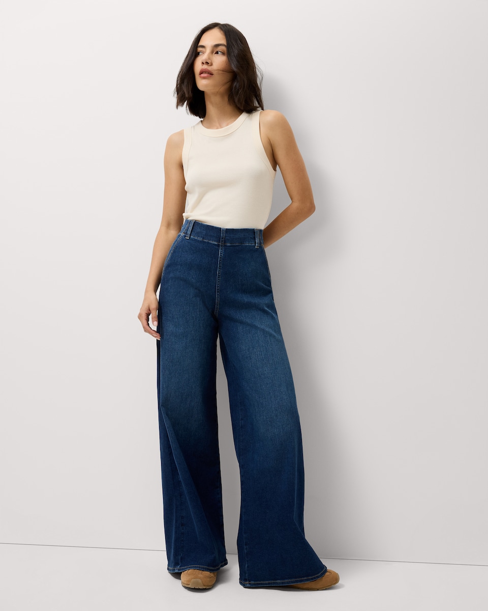 image 1 of F&F High Rise Pull On Wide Leg Jeans in Navy