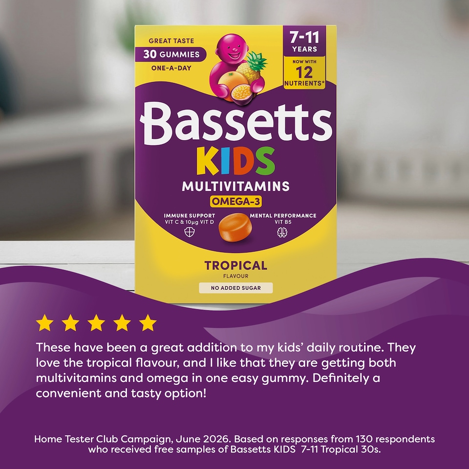 image 1 of Bassetts Kids Multivitamin Plus Omega3 7-11 years Tropical Gummies x 30