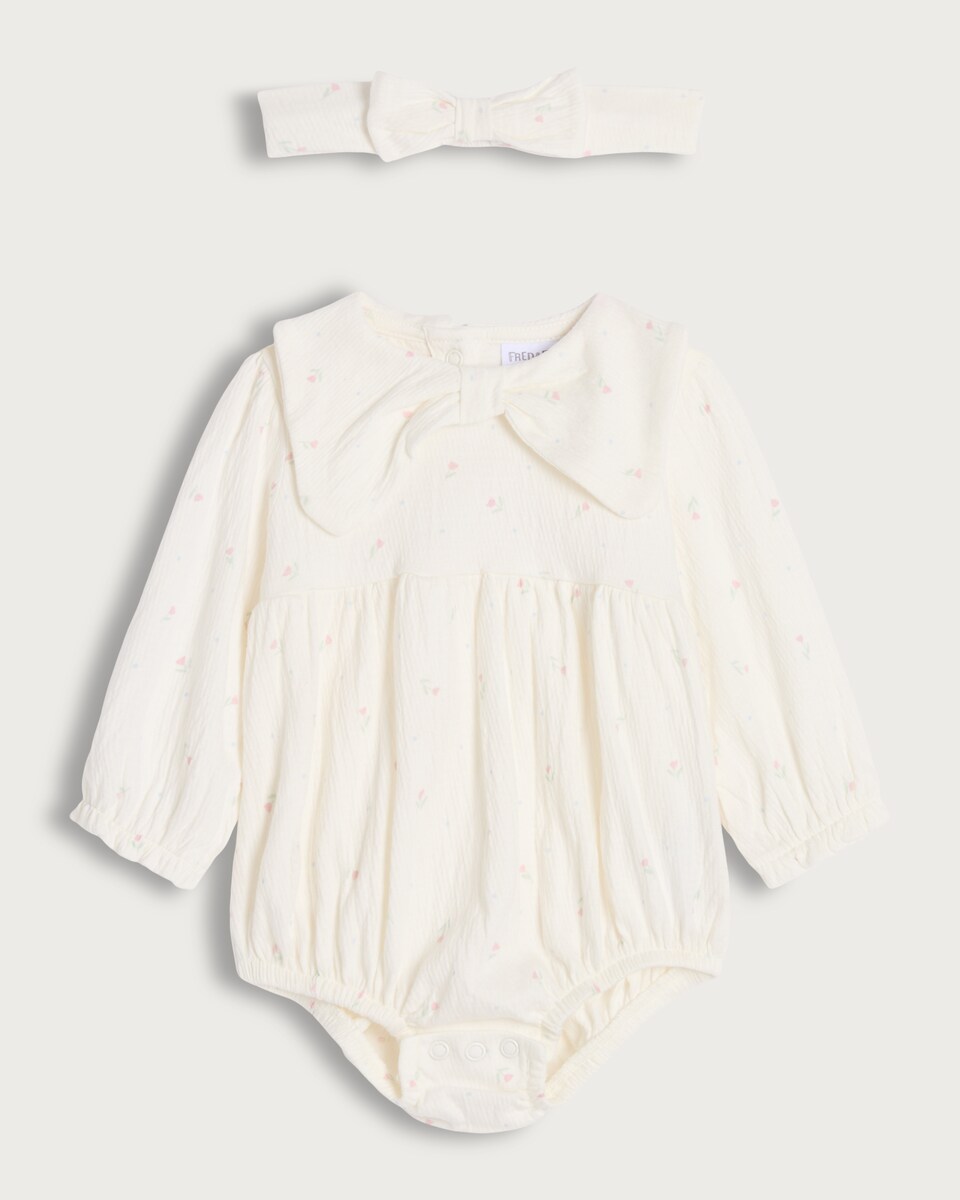 image 1 of F&F Baby 2-Piece Cotton Rich Floral Bodysuit and Headband Set in Cream