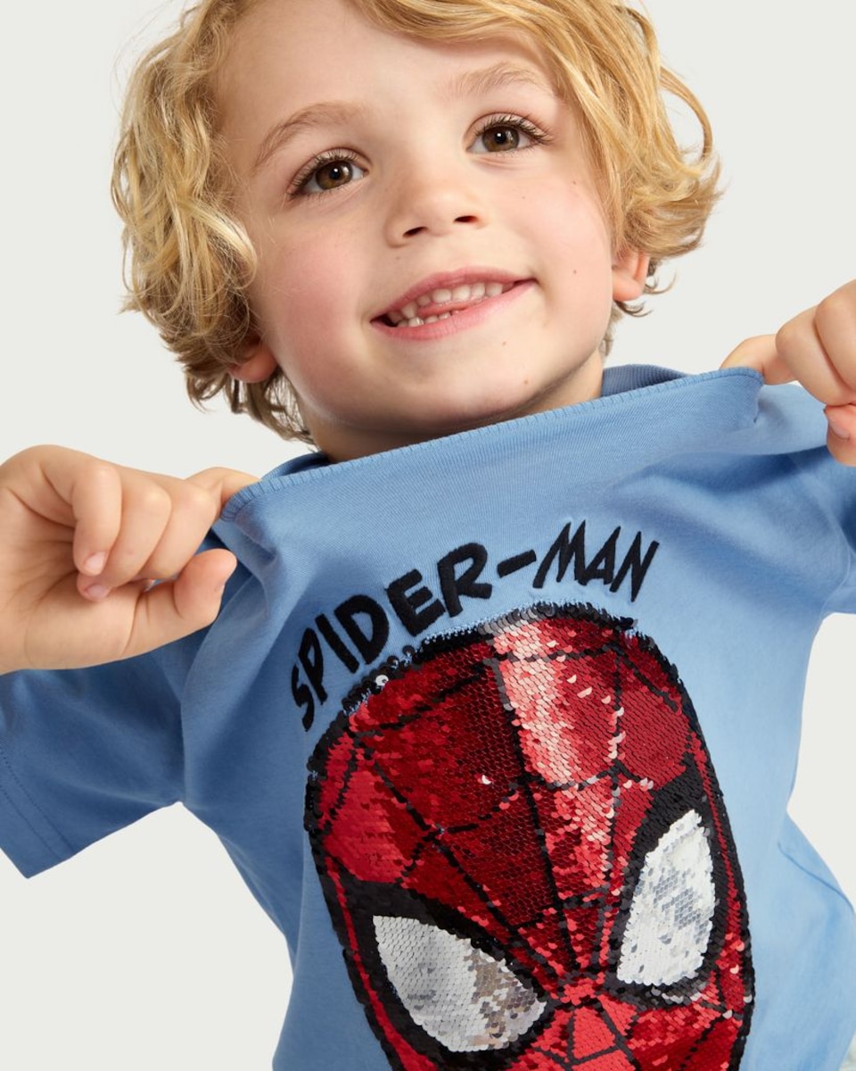 image 1 of Marvel Spider-Man Pure Cotton Sequin Embellished T-Shirt in Blue