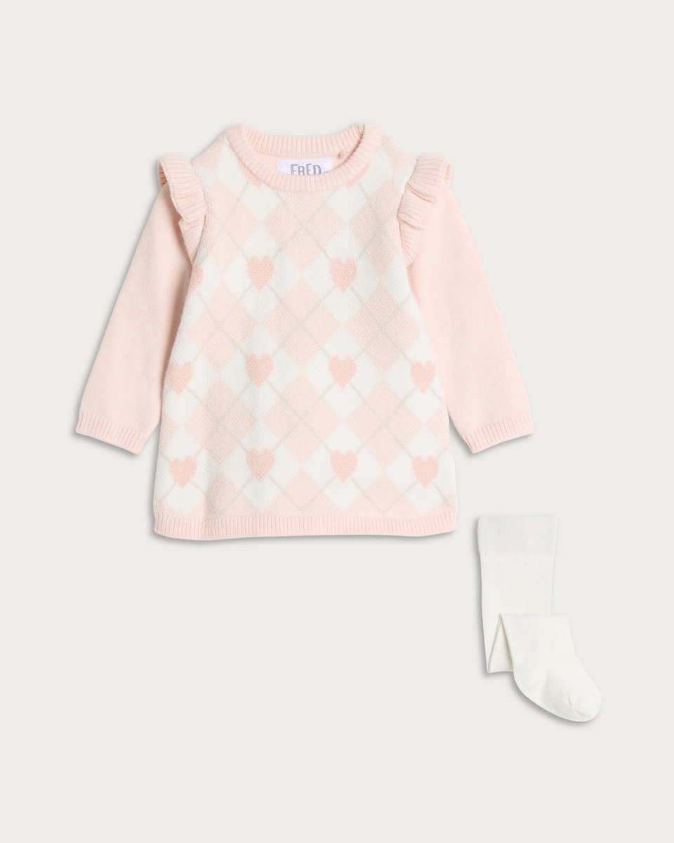image 1 of F&F Baby 2-Piece Argyle Heart Knitted Dress and Tights Set in Pink