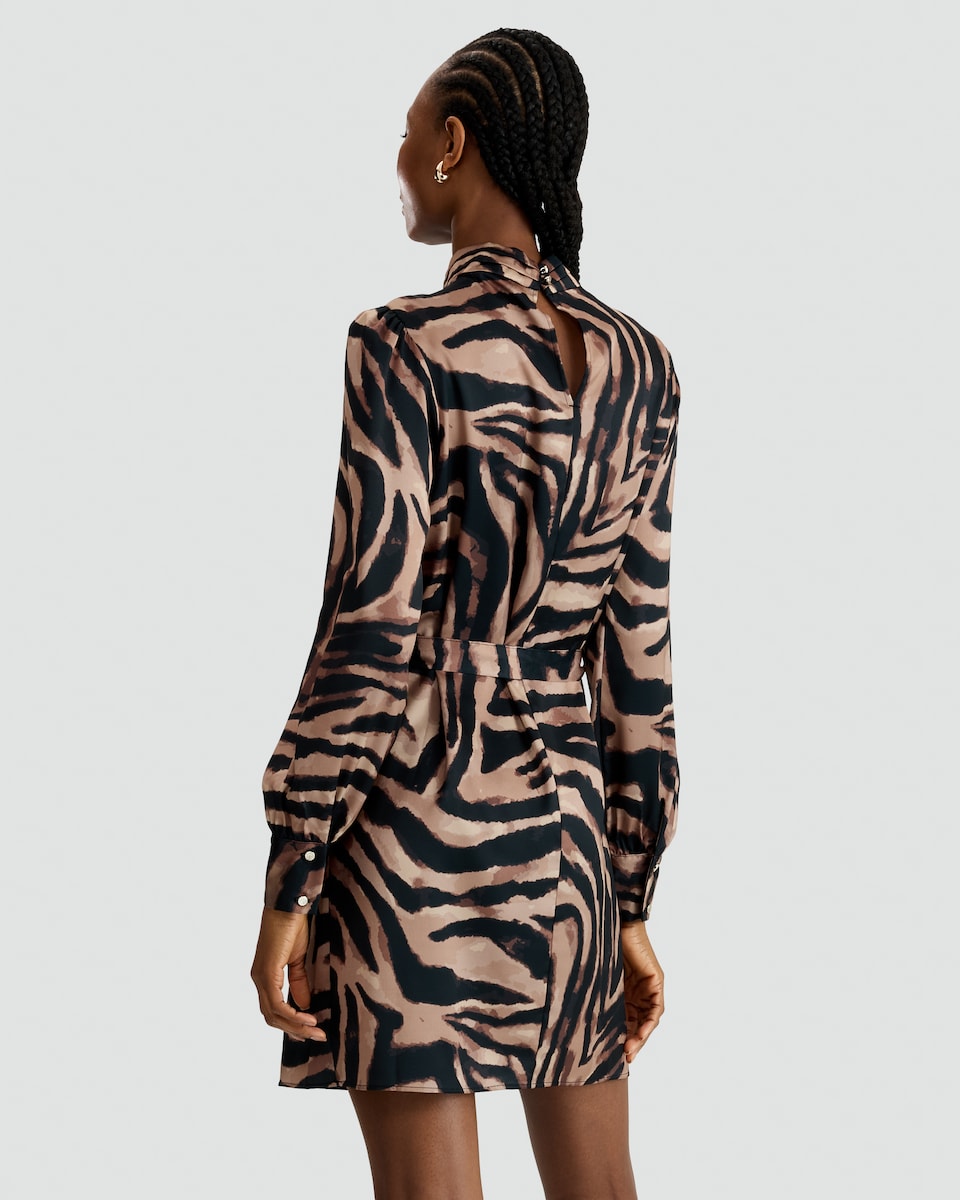image 1 of F&F Satin Zebra Print Tie Neck Long Sleeved Dress in Multi Brown