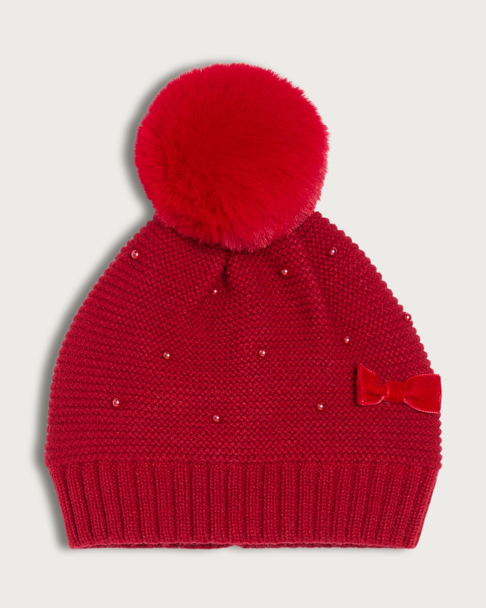 image 1 of F&F Girls Knitted Bow Faux Pearl Pom Pom Beanie Hat in Red