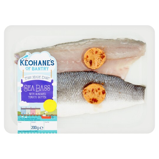 Keoh/Ob 2 Skin On Sea Bass Fillets With Sun Dried T/Toe 200G Tesco