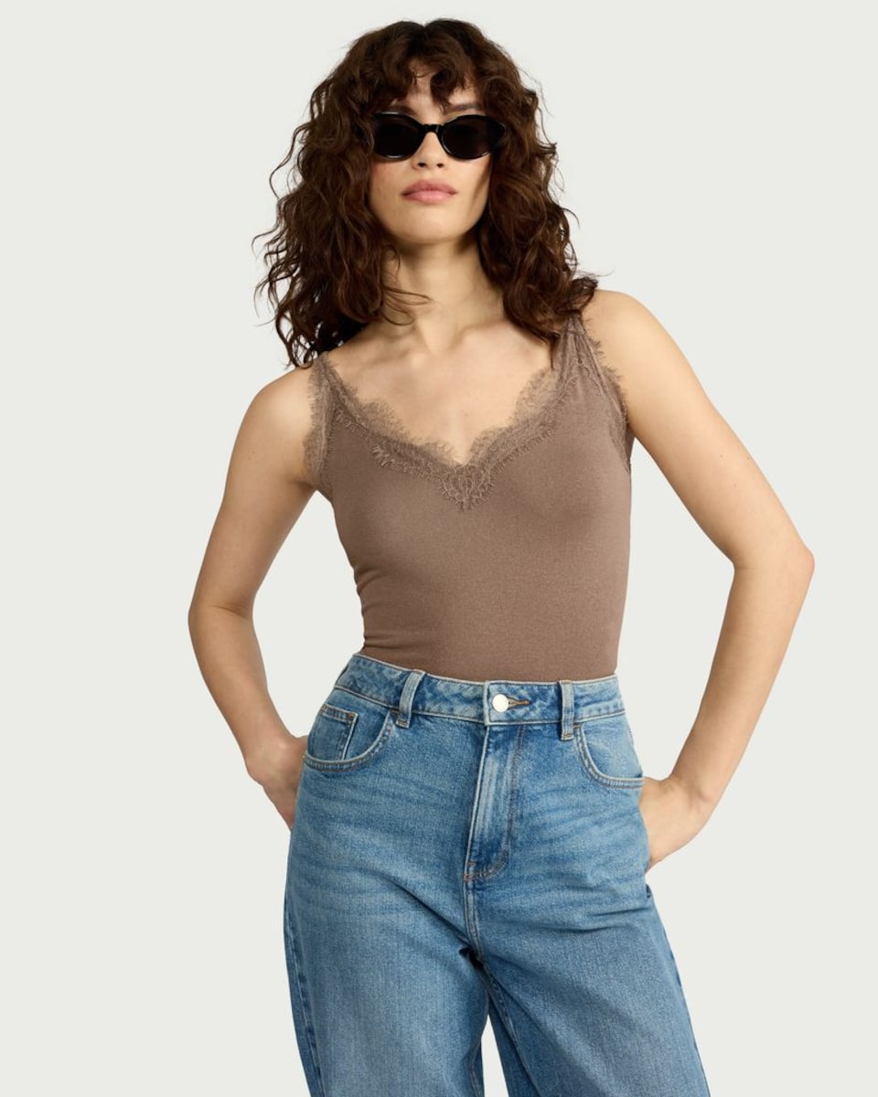 image 1 of F&F Lace Trim Strappy Vest in Mink