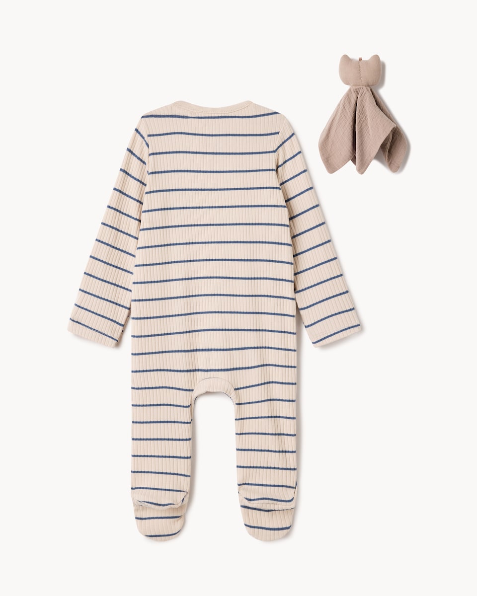 image 1 of F&F Baby 2-Piece Cotton Rich Ribbed Striped Animal Sleepsuit and Comforter Set in Stone