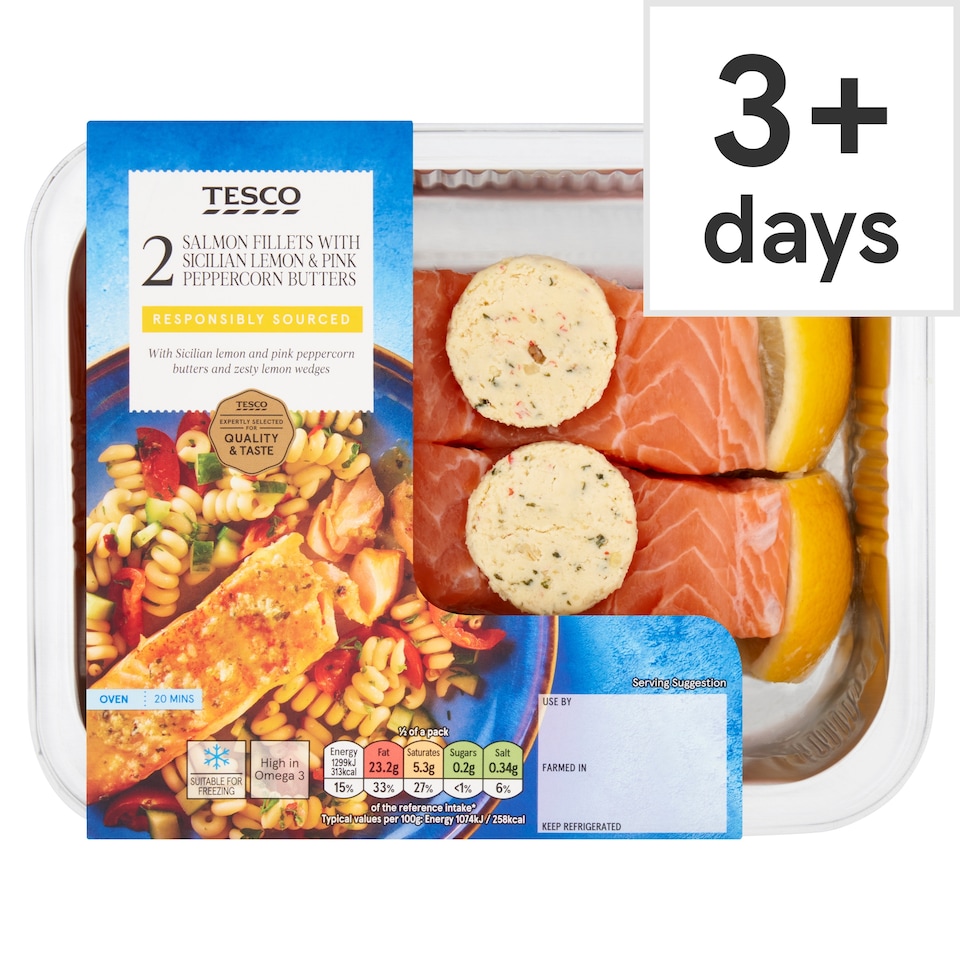 Tesco 2 Salmon Fillets With Sicilian Lemon & Pink Peppercorn Butters 280g
