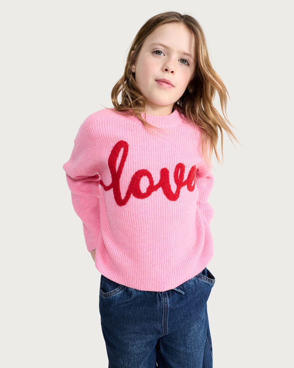 image 1 of F&F Girls Knitted Love Slogan Jumper in Pink