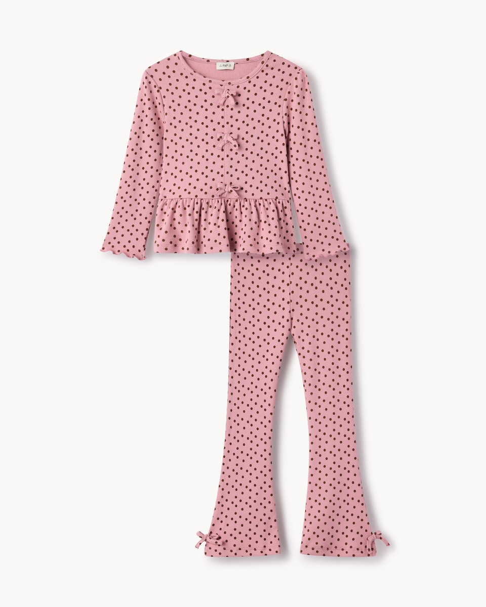 image 1 of F&F Girls Polka Dot Top and Flared Leggings Set in Multi Pink