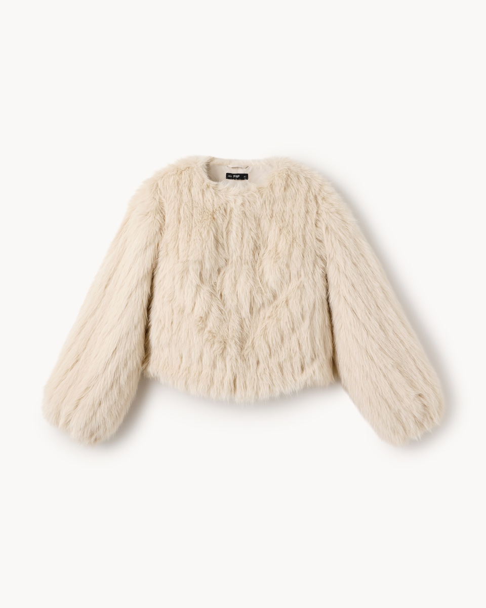 image 1 of F&F Faux Fur Collarless Jacket in Cream